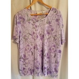 Alfred Dunner Purple Floral Ribbed‎ Scoop neck Pullover Beads Sequins Size 2x